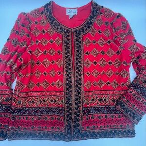 VTG Red Black Gold Embroidered Beaded Dinner Cocktail Jacket JKara New York XL